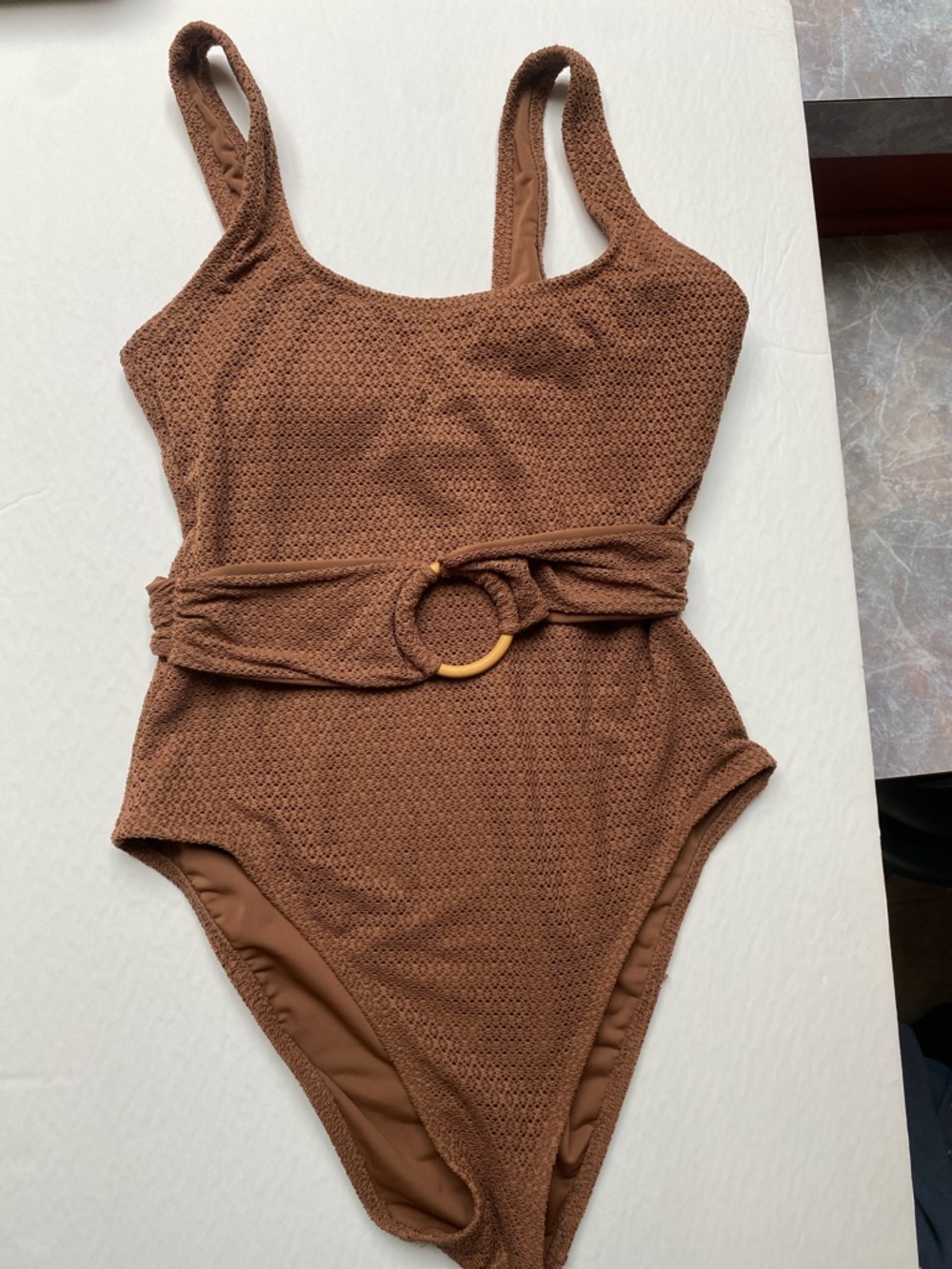 Old Navy Brown Textured One-Piece Swimsuit with Belt